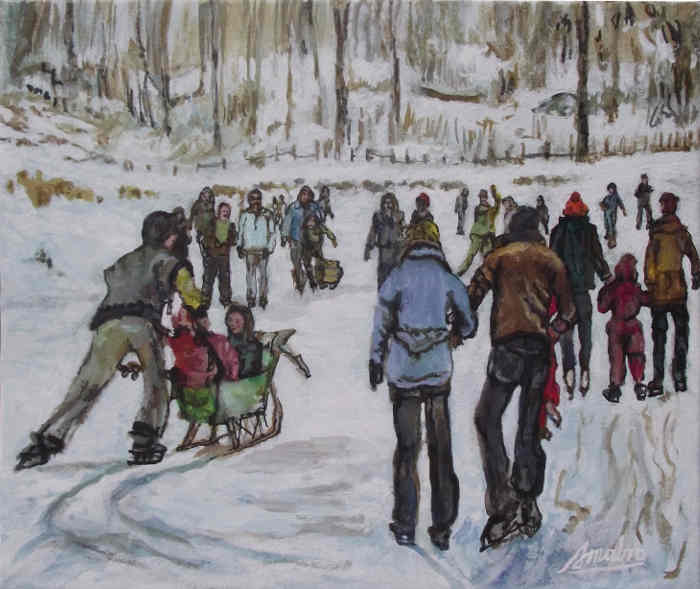 Skaters (sled) Rideau Canal, Ottawa 2004, 10inx12in Oil on canvas